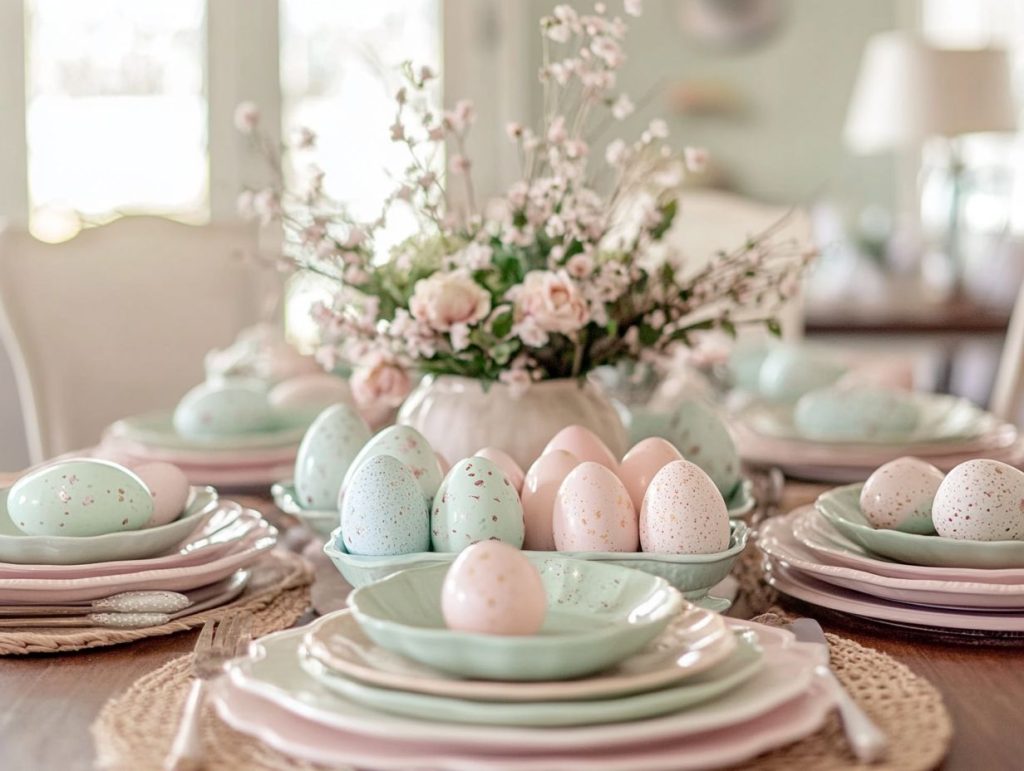 A festive Easter table with painted eggs